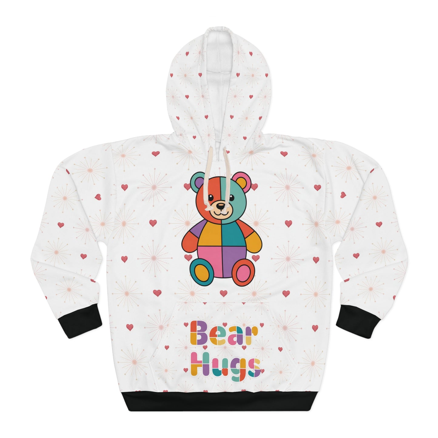 White hoodie with a colorful bear graphic and 'Bear Hugs' text on a white background