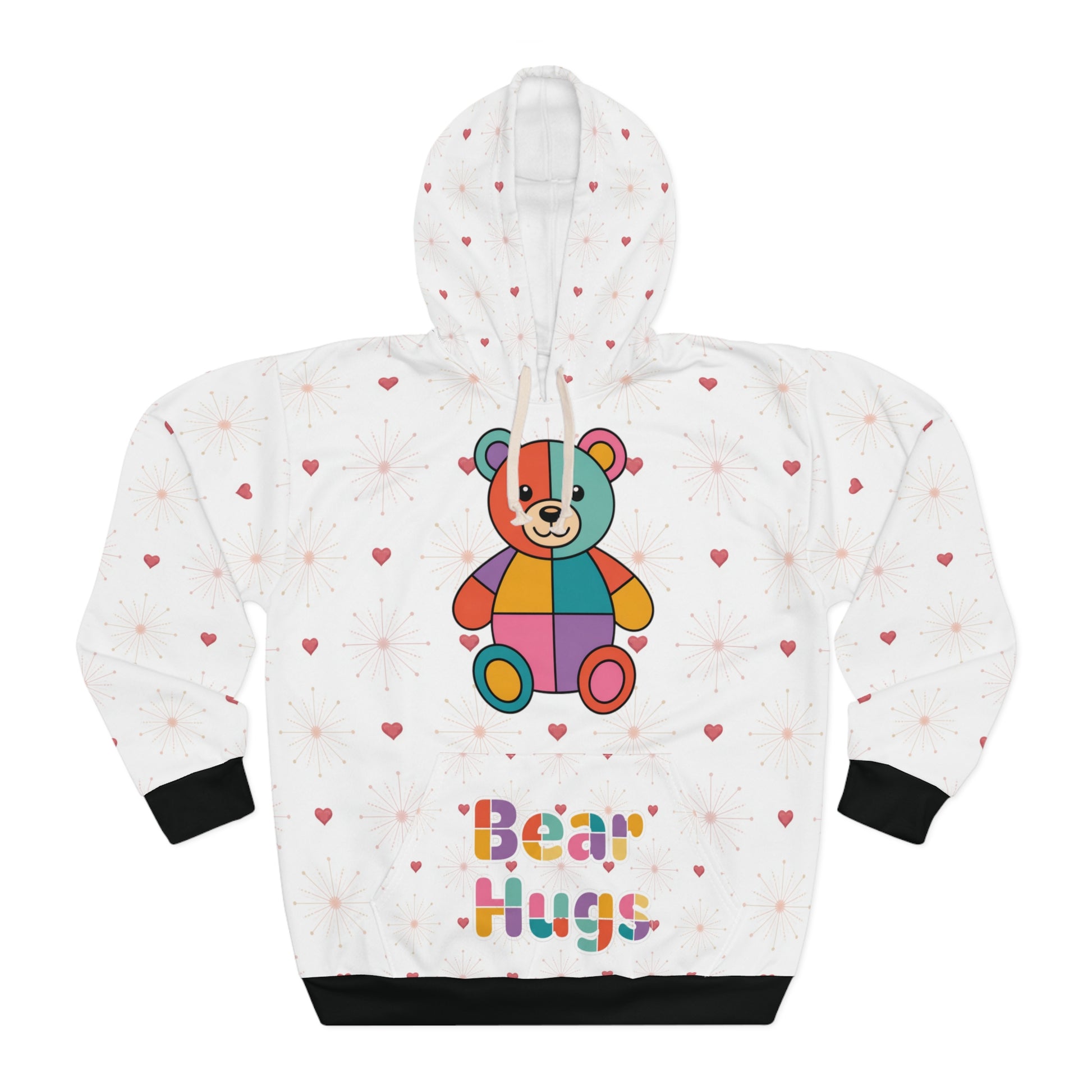 White hoodie with a colorful bear graphic and 'Bear Hugs' text on a white background