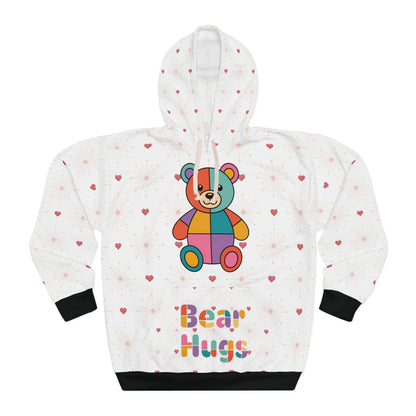 White hoodie with a colorful bear graphic and 'Bear Hugs' text on a white background