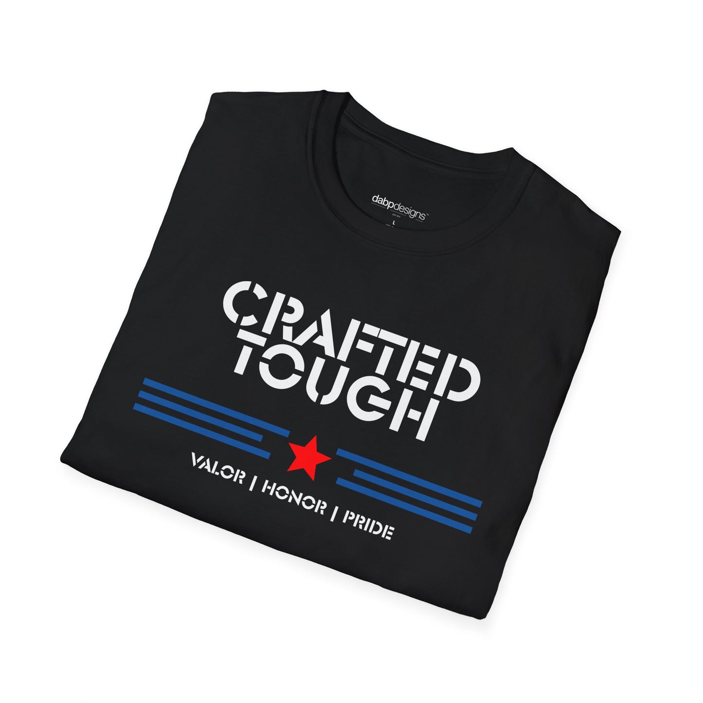 Black t-shirt with 'Crafted Tough' text and design on a white background
