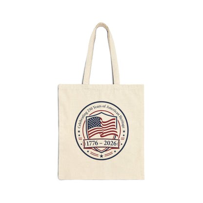 Tote bag with American flag design and text on a white background