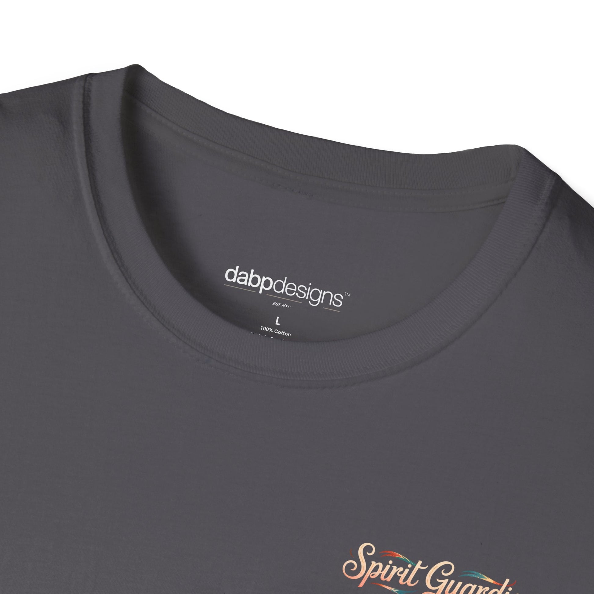 Dark gray t-shirt with 'dabbdesigns' label and 'Spirit Guard' logo on a white background