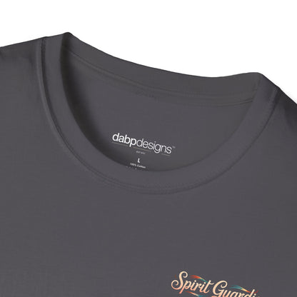 Dark gray t-shirt with 'dabbdesigns' label and 'Spirit Guard' logo on a white background