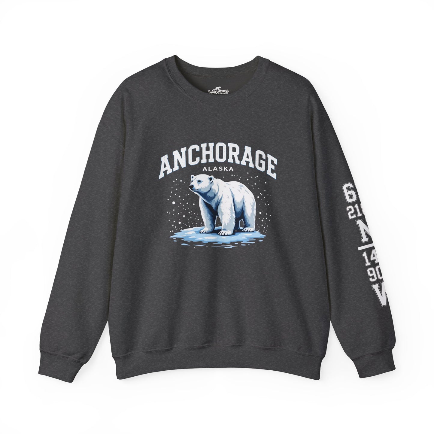 Dark gray sweatshirt with a polar bear graphic and 'Anchorage, Alaska' text on a white background
