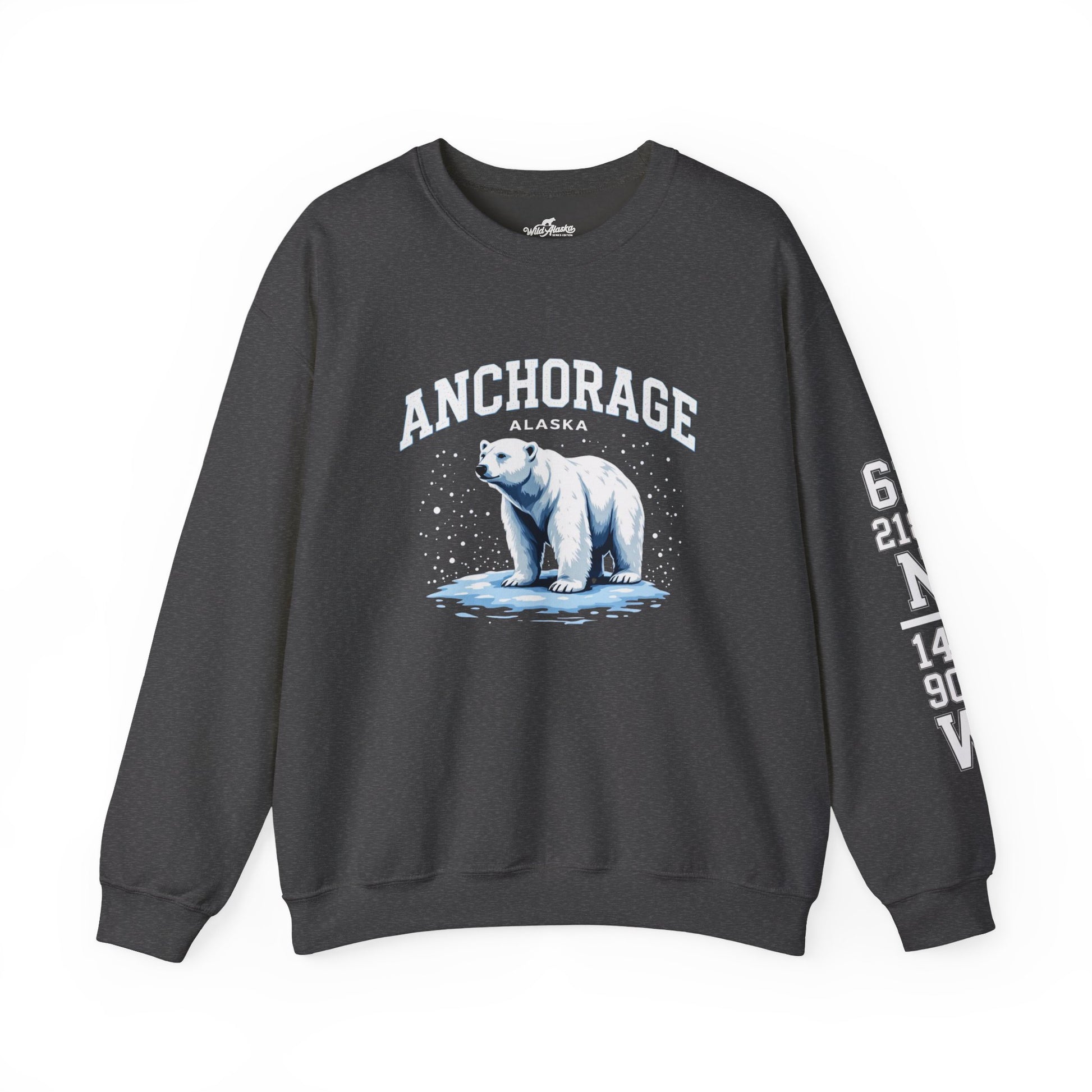 Dark gray sweatshirt with a polar bear graphic and 'Anchorage, Alaska' text on a white background