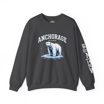 Dark gray sweatshirt with a polar bear graphic and 'Anchorage, Alaska' text on a white background