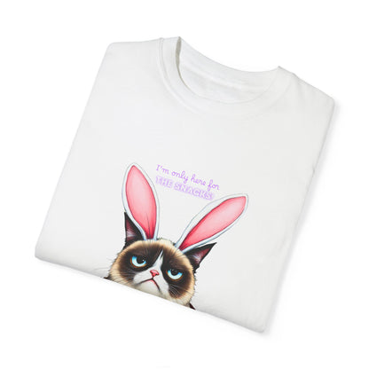 Comfort Colors 1717 Unisex Garment-Dyed T-shirt - “I’m Only Here for the Snacks” Funny Easter Bunny Cat Tee
