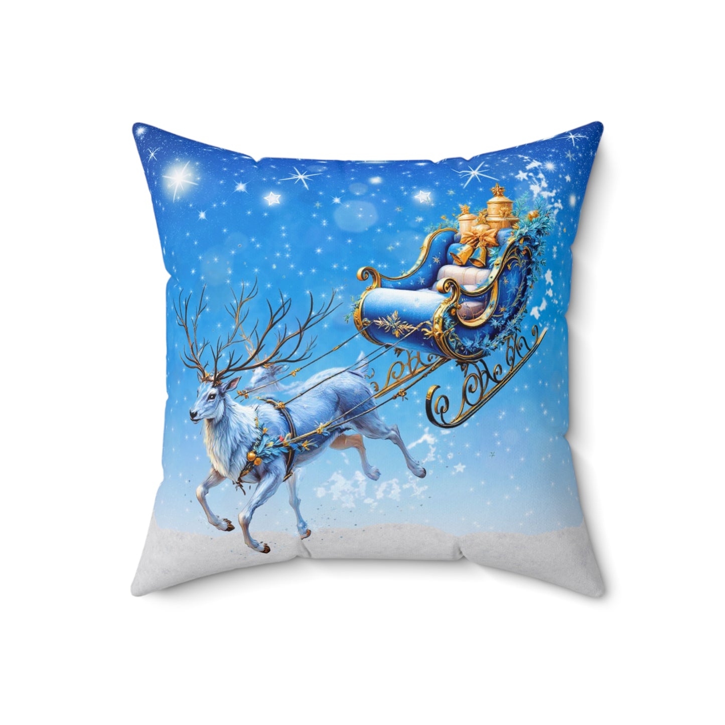 Enchanted Blue Reindeer Sleigh Christmas Pillow