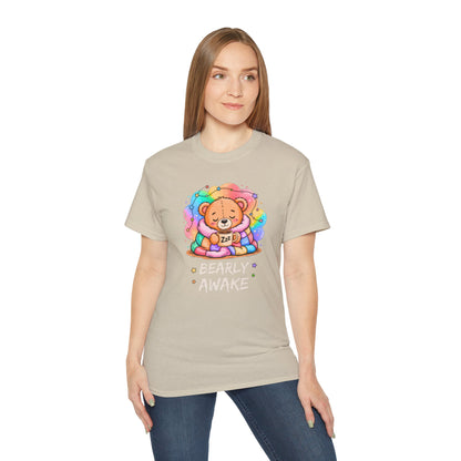 Bearly Awake Teddy Bear Tee | Cute Coffee Bear Wrapped in Rainbow Blanket