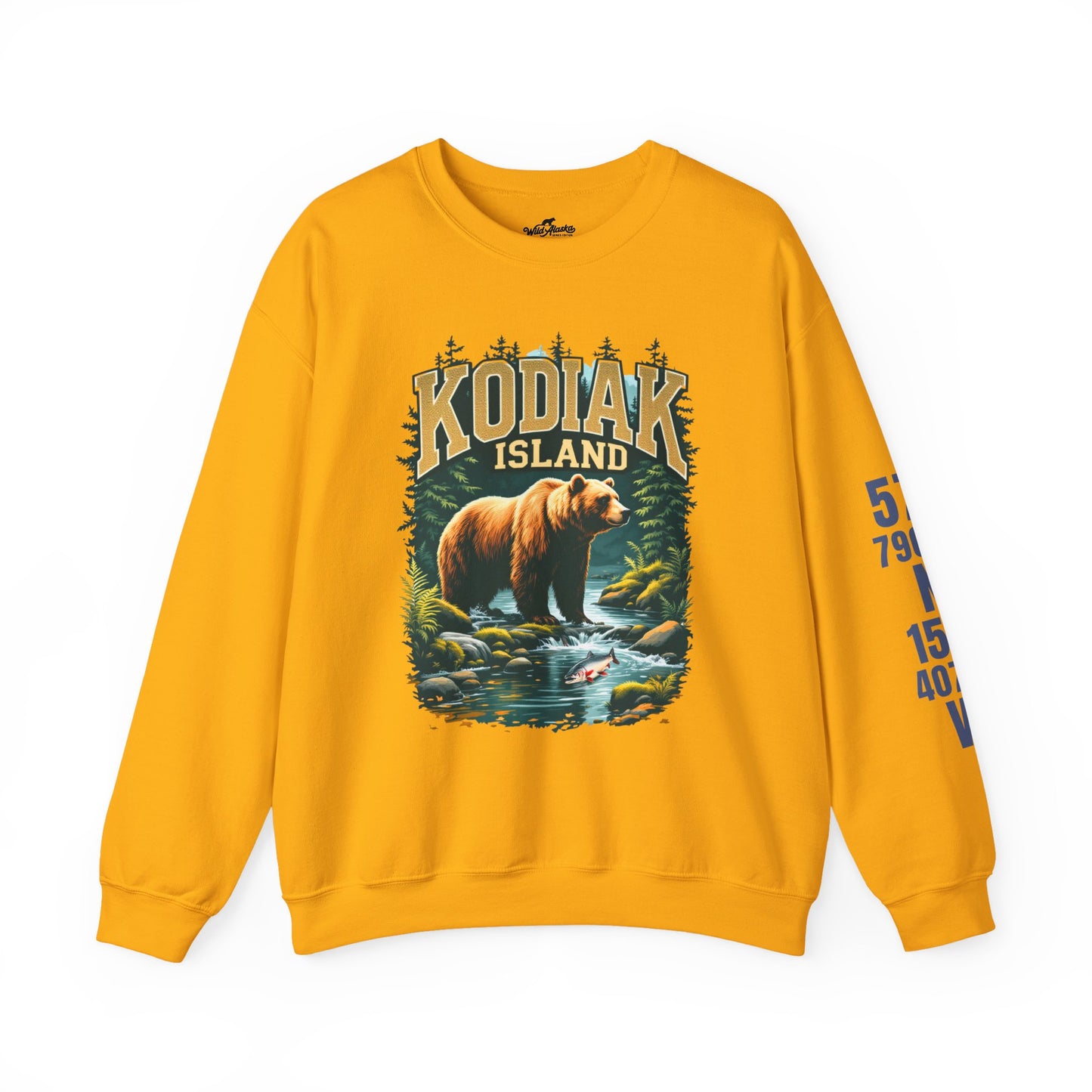 Yellow sweatshirt with bear graphic and 'Kodiak Island' text on a white background