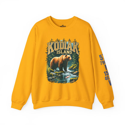 Yellow sweatshirt with bear graphic and 'Kodiak Island' text on a white background