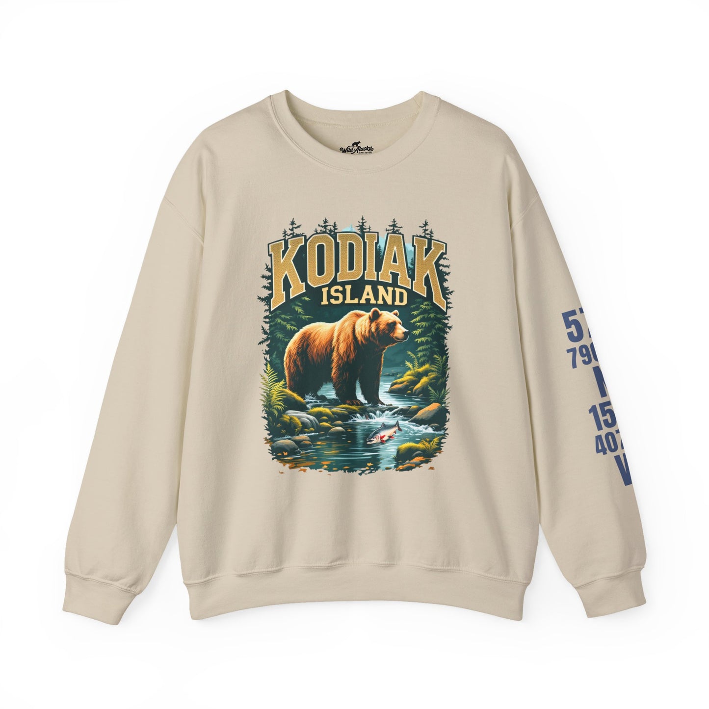 Beige sweatshirt with Kodiak Island graphic featuring a bear and river on a white background