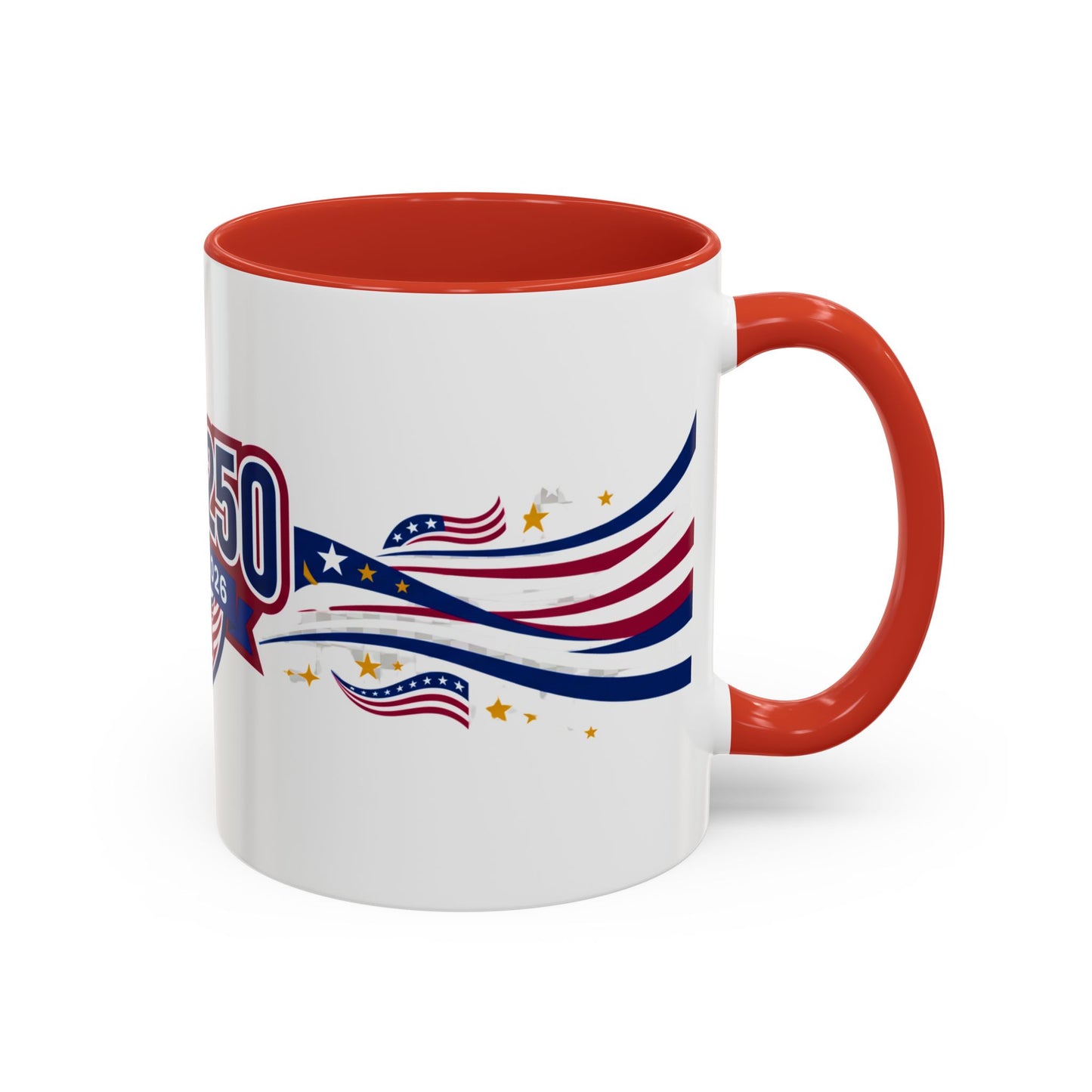 White mug with red interior and handle, featuring a patriotic design and '50' text.