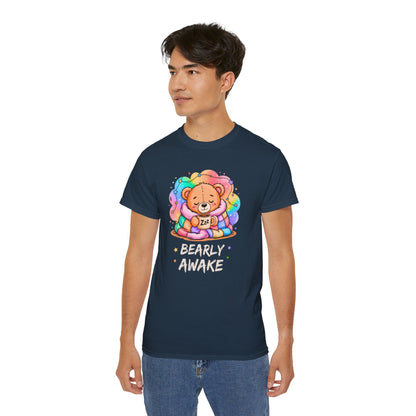 Bearly Awake Teddy Bear Tee | Cute Coffee Bear Wrapped in Rainbow Blanket