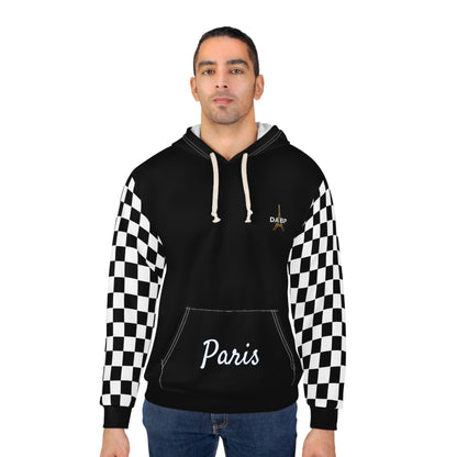 Paris Checkered Unisex Hoodie - DABP Emblem and Checkerboard Sleeves (Black)