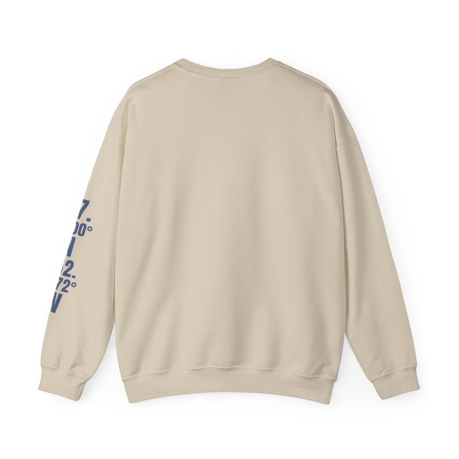 Beige sweatshirt with blue text on sleeve against a white background