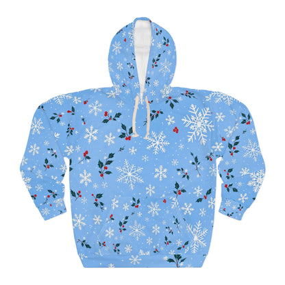 Sweat à capuche unisexe - Flocon de neige et houx d'hiver - Imprimé festif sur toute la surface