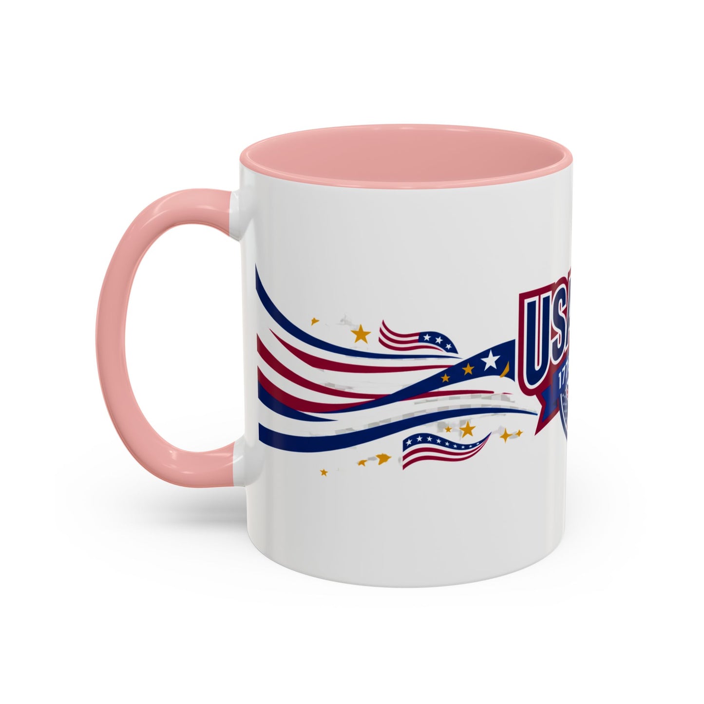 White mug with pink interior and handle featuring American flag design on a white background