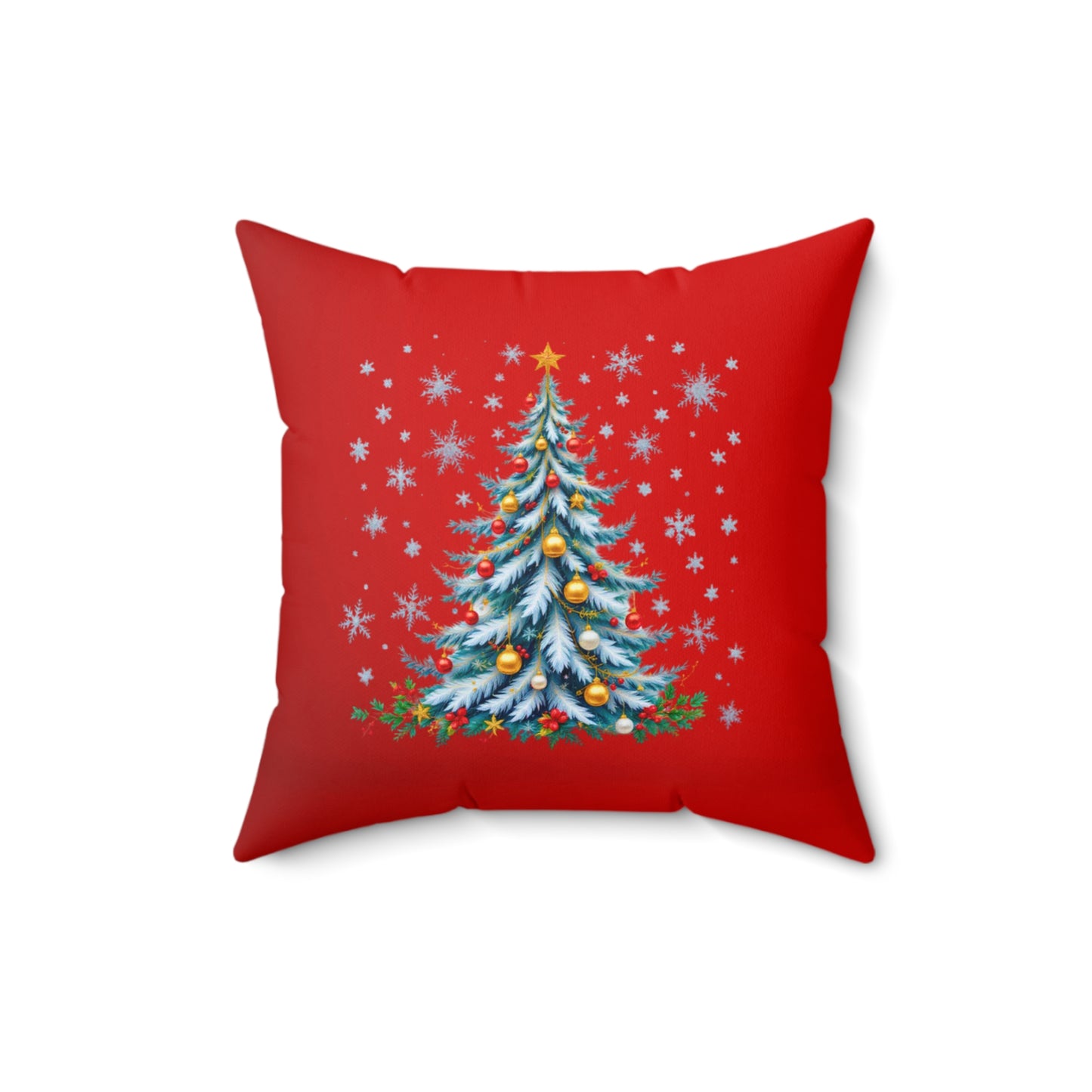 Elegant Christmas Tree Pillow – Snow-Kissed in Blue and Gold