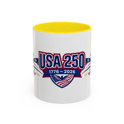 White mug with yellow interior, featuring 'USA 250' text and American flag design on a white background.