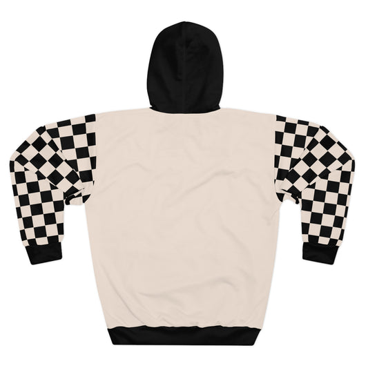 Paris Checkered Unisex Hoodie - DABP Emblem and Checkerboard Sleeves (Beige)