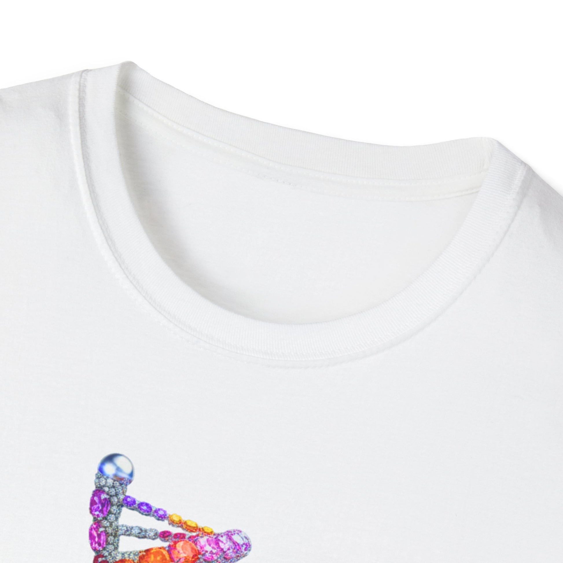 Close-up of a white shirt with colorful rhinestone design on a white background