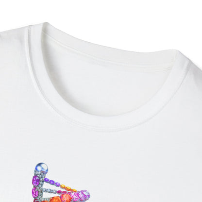 Close-up of a white shirt with colorful rhinestone design on a white background