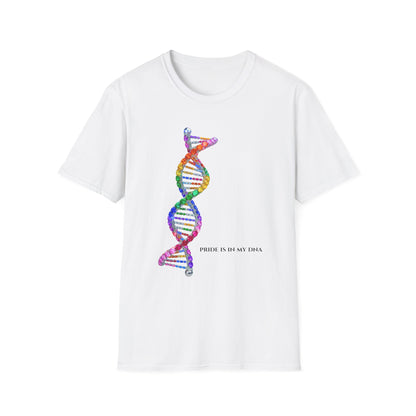 White t-shirt with a rainbow DNA strand design and 'Pride is in my DNA' text on a white background
