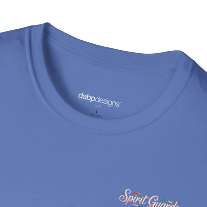Close-up of a blue shirt with 'dabp designs' logo and 'Spirit Guard' text.