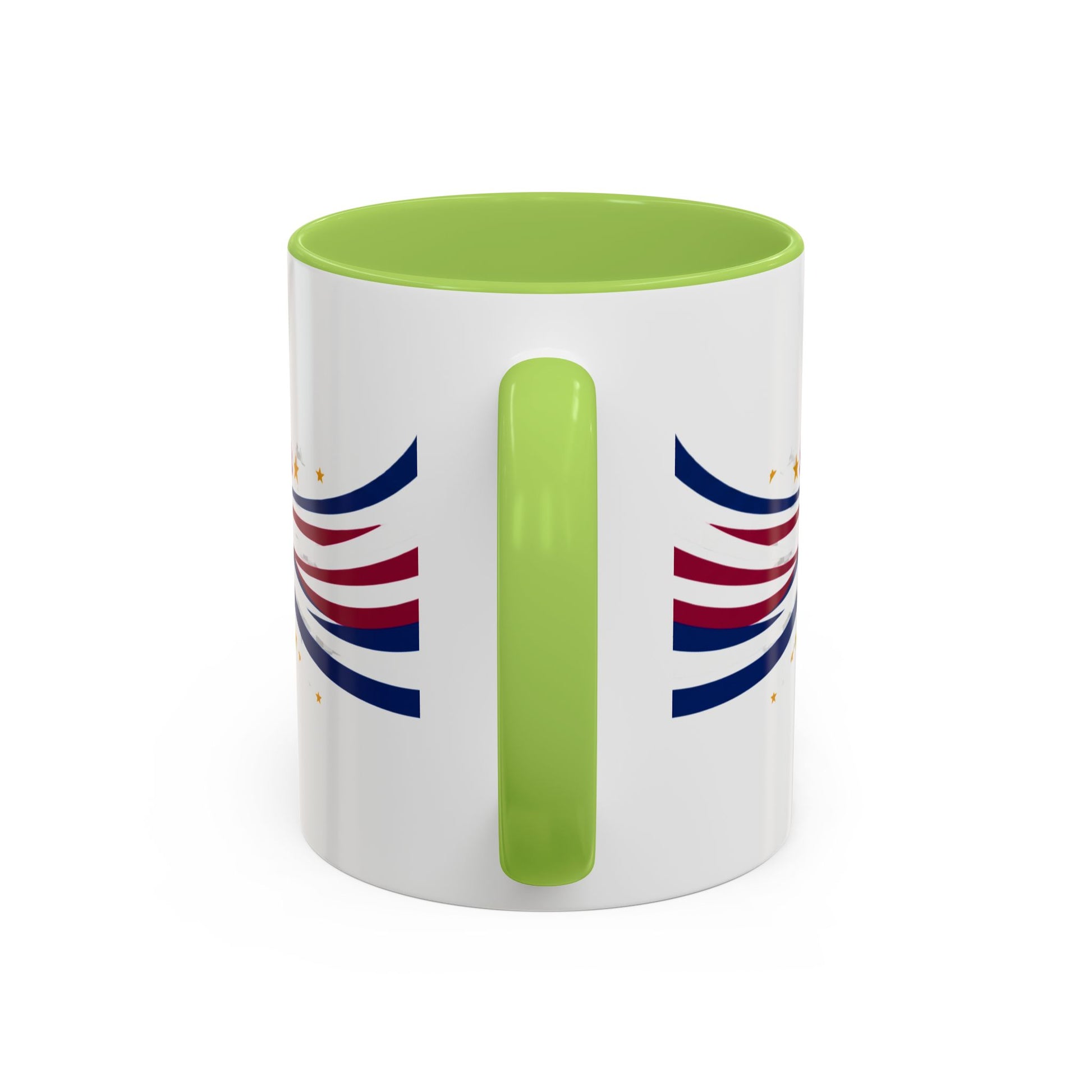 White mug with green interior and handle, featuring red and blue designs on a white background