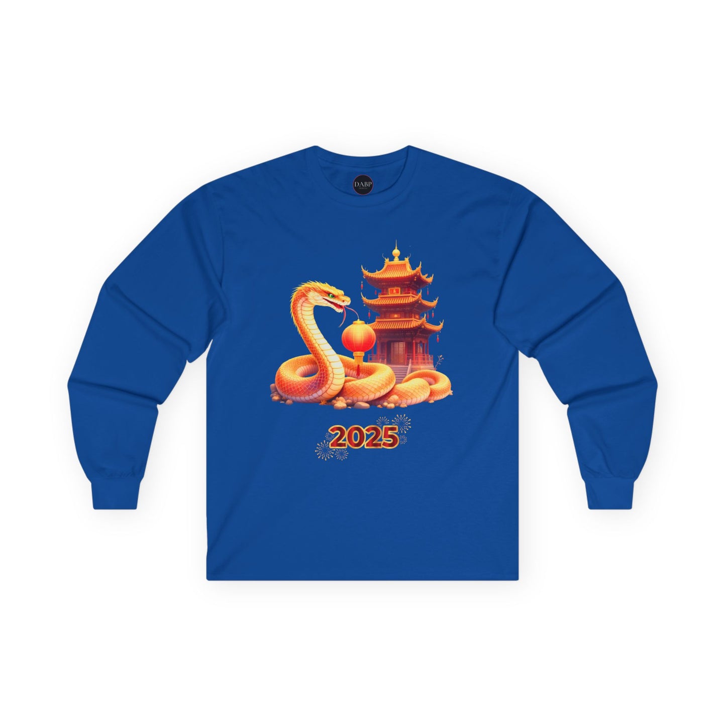 Gildan 2400 Unisex Long-sleeve Tee - 2025 Year of the Snake Chinese New Year - Golden Snake with Pagoda and Lantern (v1)