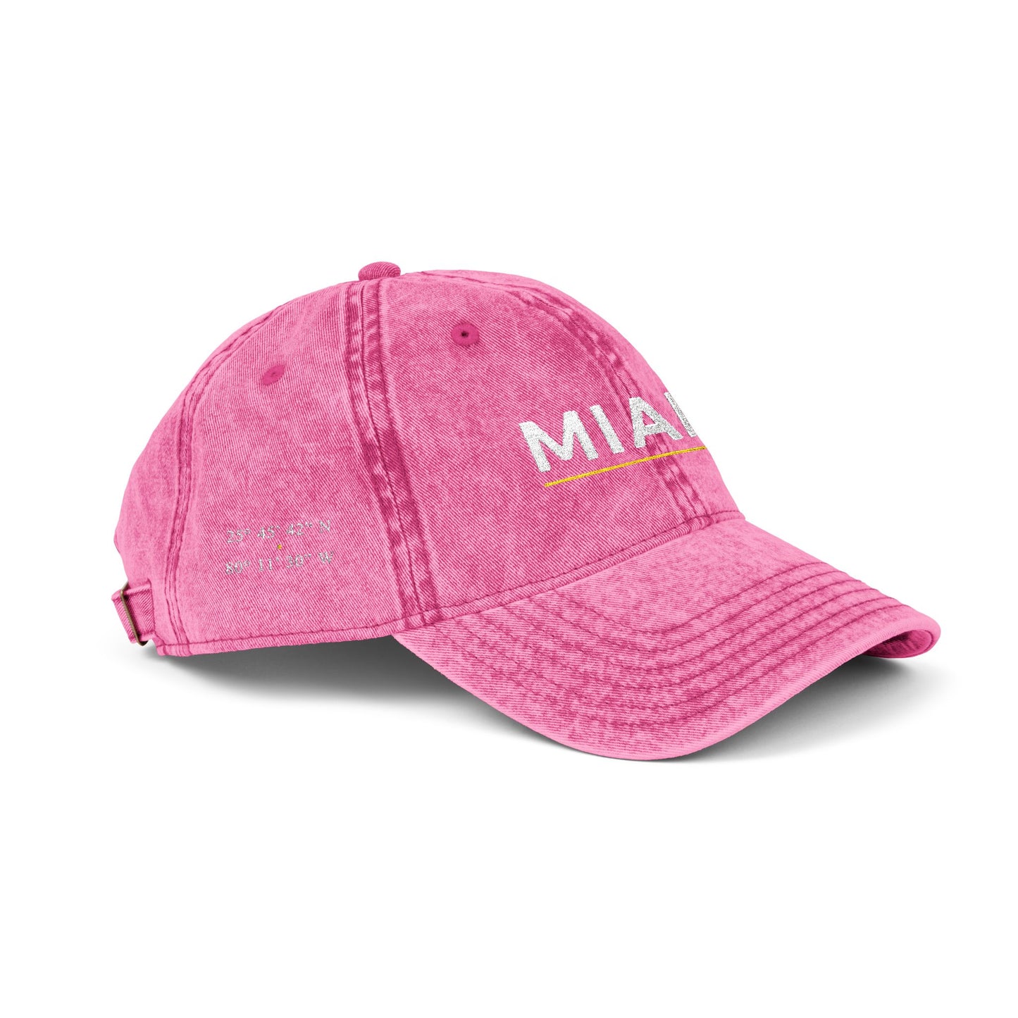 Pink cap with text on a white background