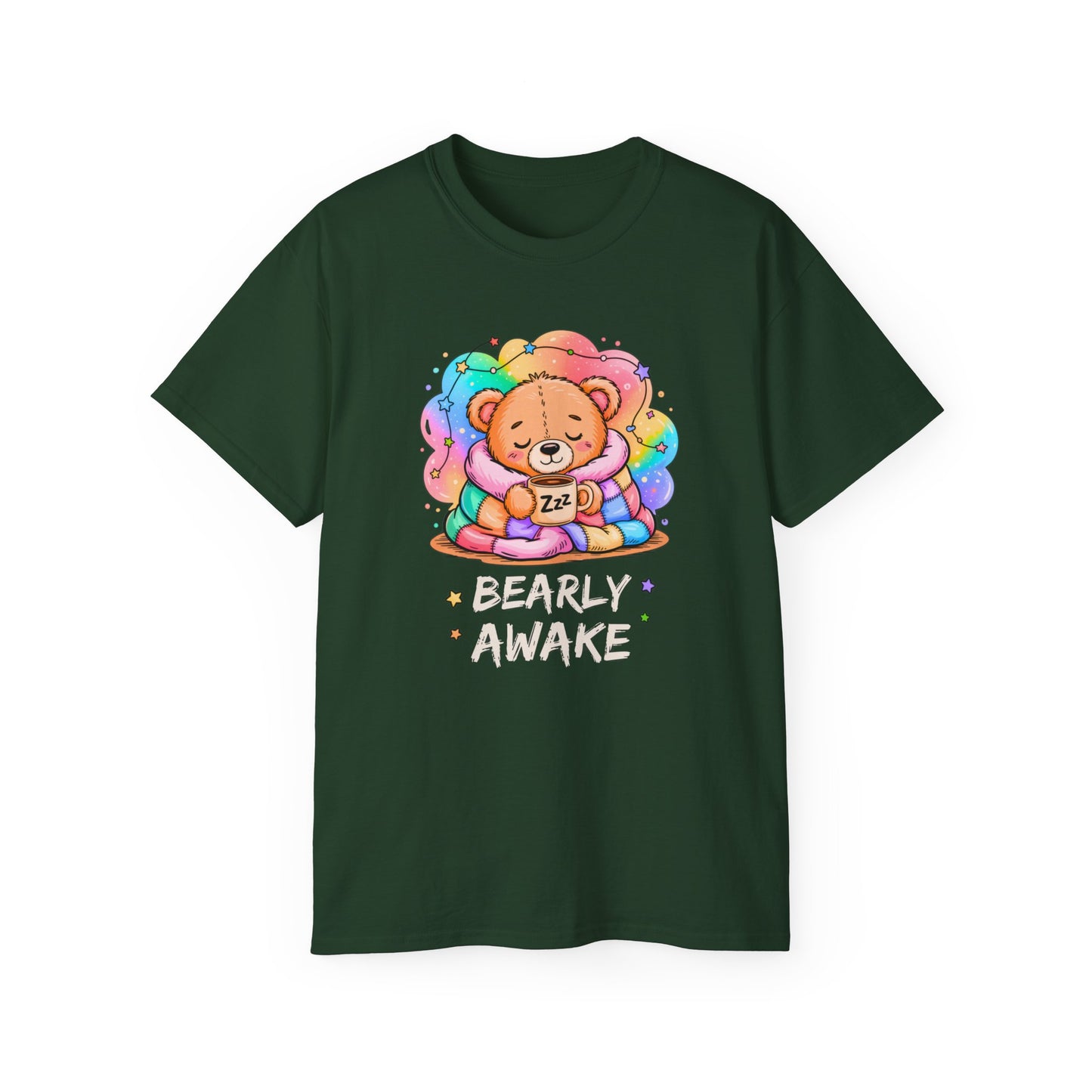 Bearly Awake Teddy Bear Tee | Cute Coffee Bear Wrapped in Rainbow Blanket