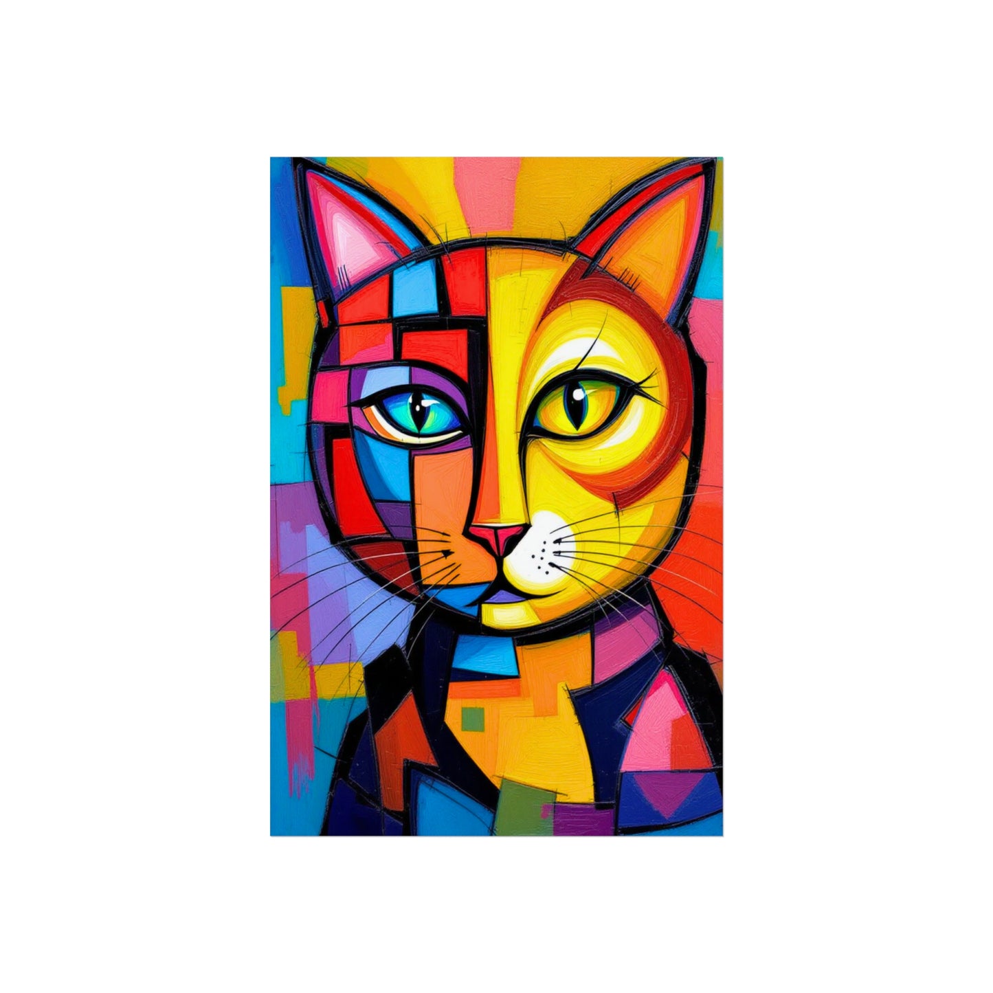Colorful abstract cat painting on a white background