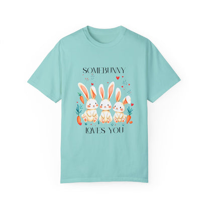 Comfort Colors 1717 Unisex Garment-Dyed T-shirt - “Somebunny Loves You” Trio Bunny Easter Tee