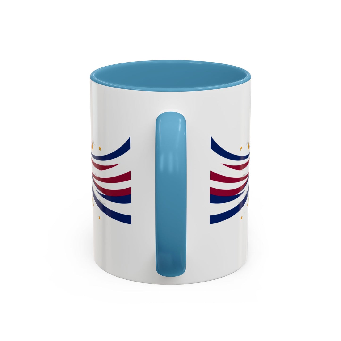 White mug with blue interior, handle, and decorative elements on a white background
