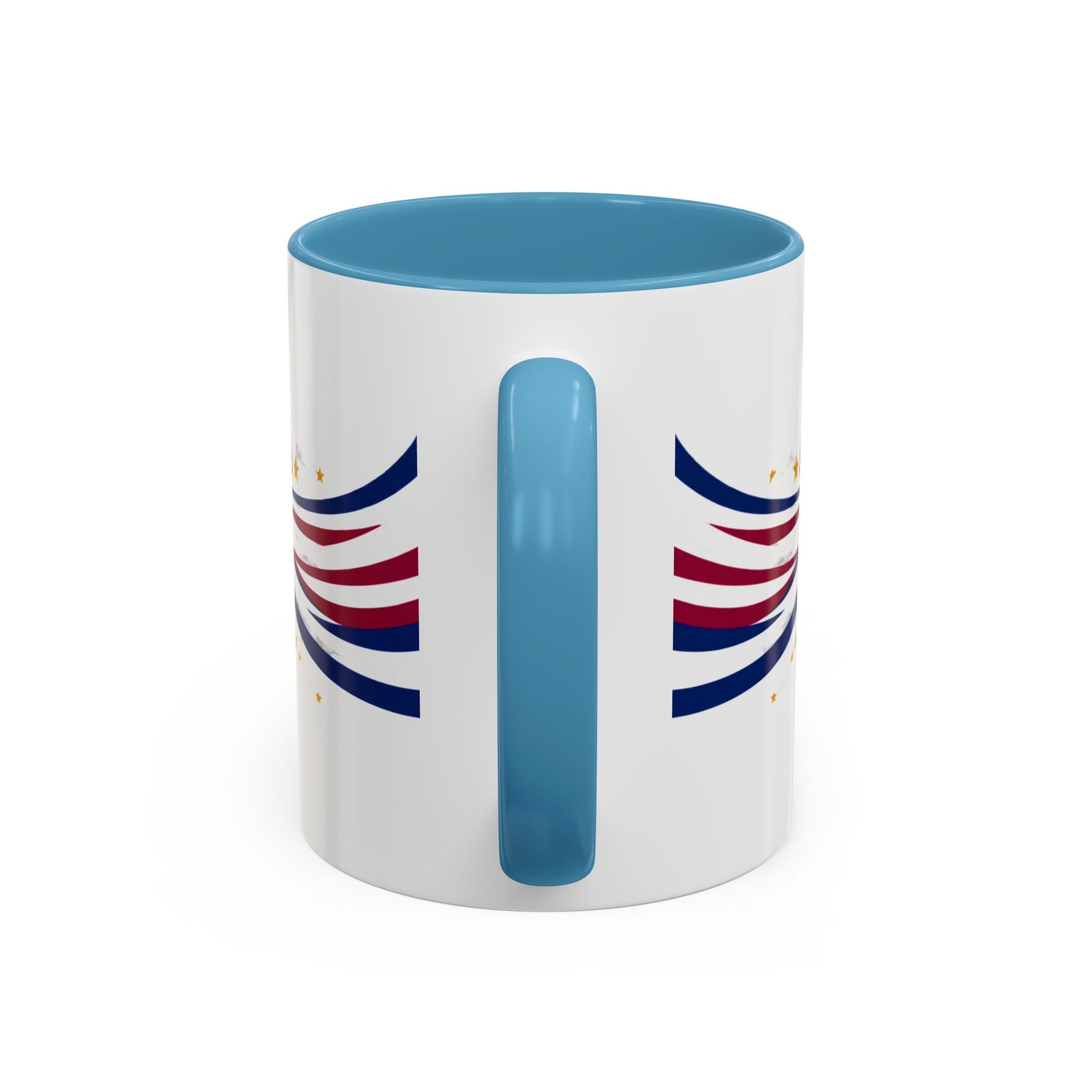 White mug with blue interior, handle, and decorative elements on a white background