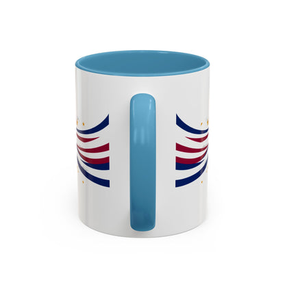 White mug with blue interior, handle, and decorative elements on a white background
