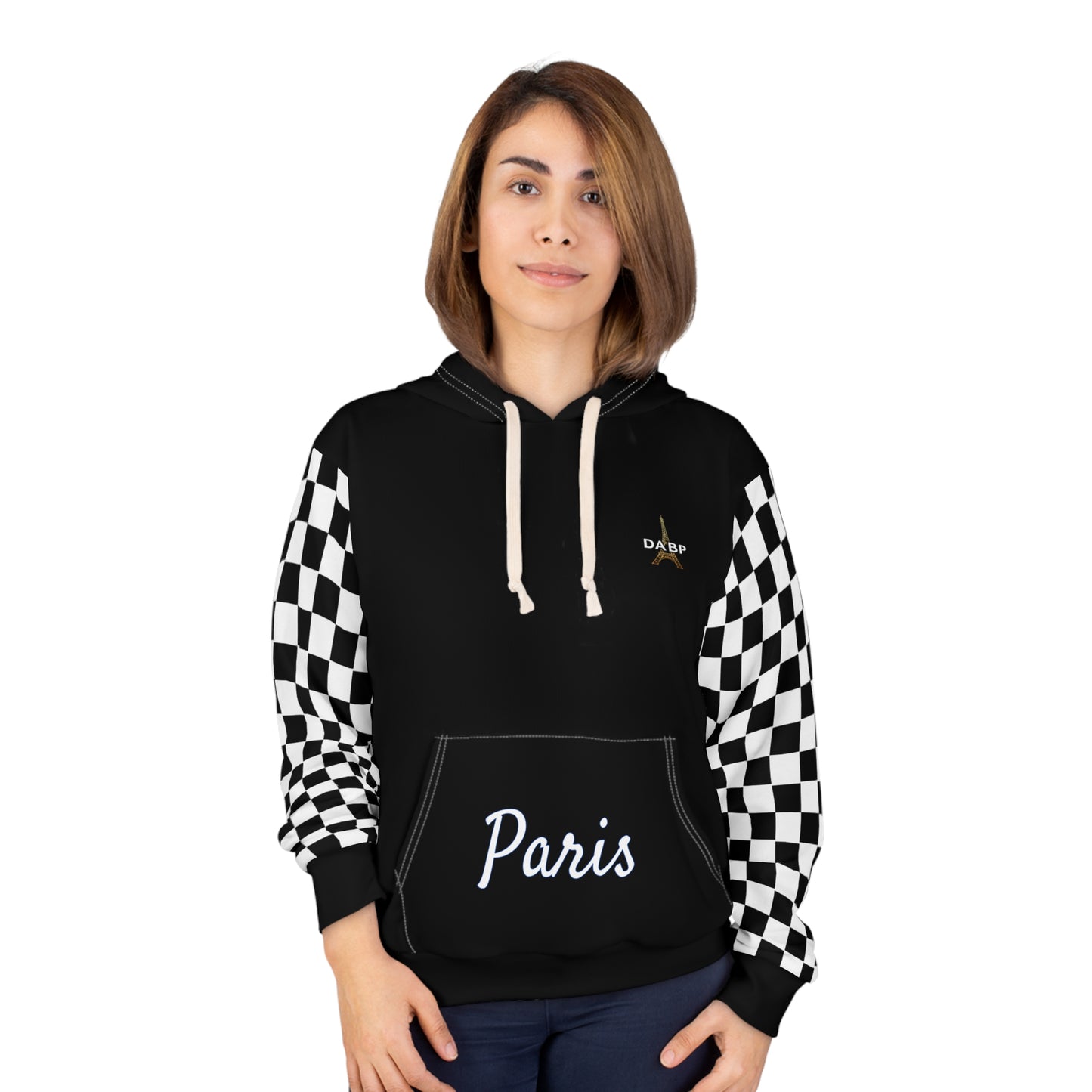 Paris Checkered Unisex Hoodie - DABP Emblem and Checkerboard Sleeves (Black)