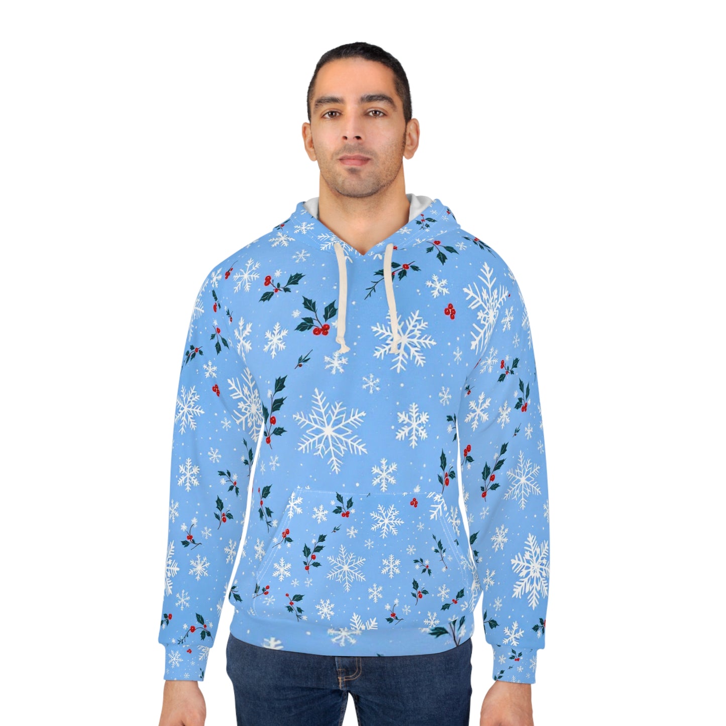 Unisex Pullover Hoodie - Winter Snowflake & Holly – Festive All-Over Print