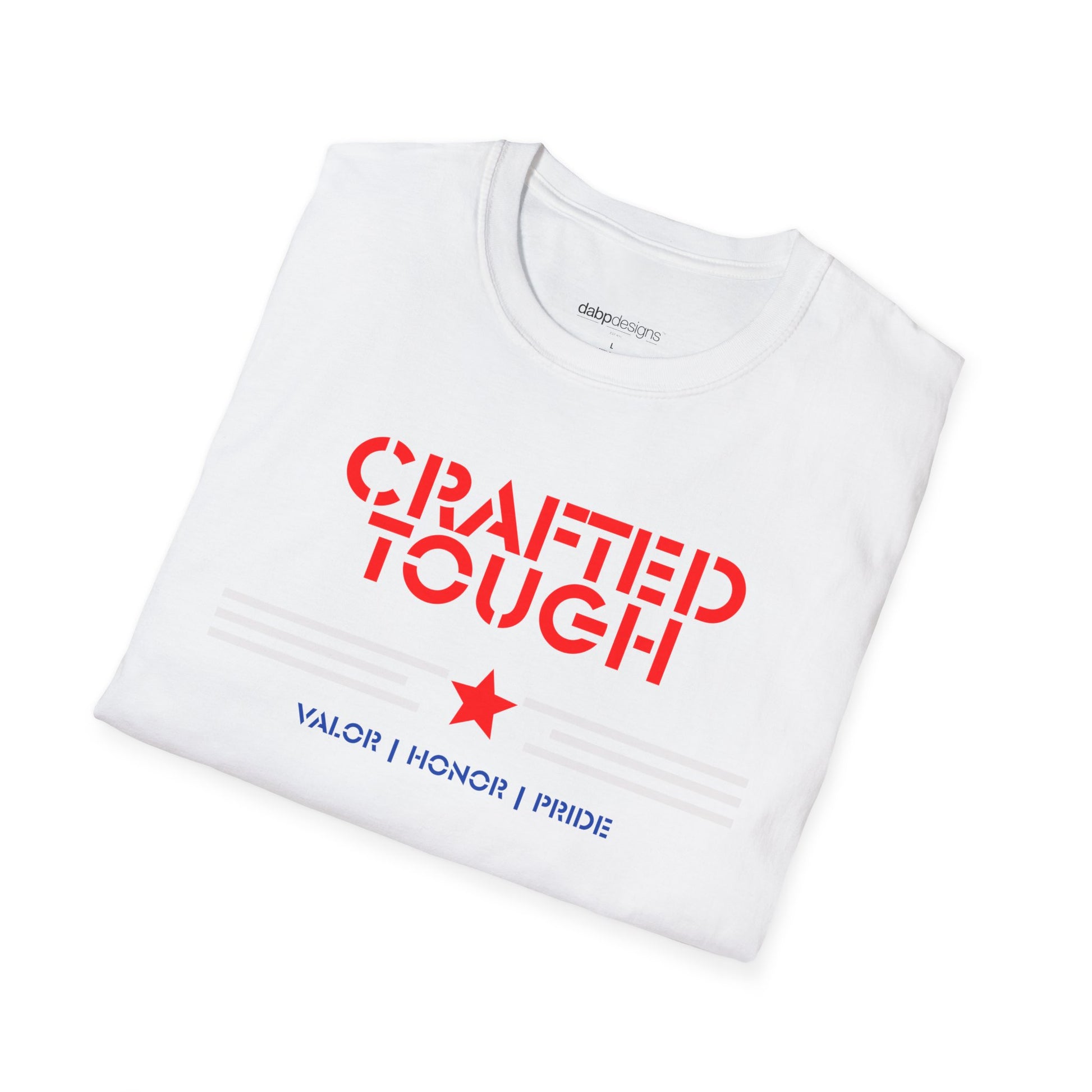 White t-shirt with red and blue text on a white background
