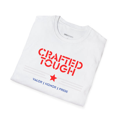 White t-shirt with red and blue text on a white background