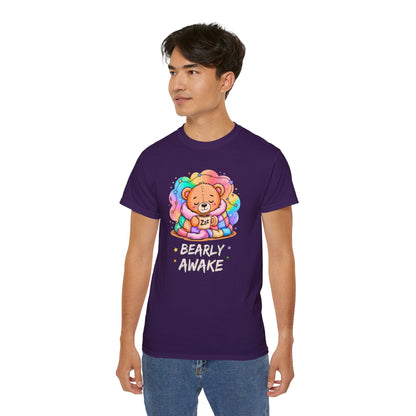 Bearly Awake Teddy Bear Tee | Cute Coffee Bear Wrapped in Rainbow Blanket
