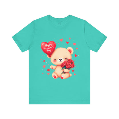 Bella+Canvas · 3001 Unisex Jersey Short Sleeve Tee - Valentine’s Day Bear, Balloon & Roses Design