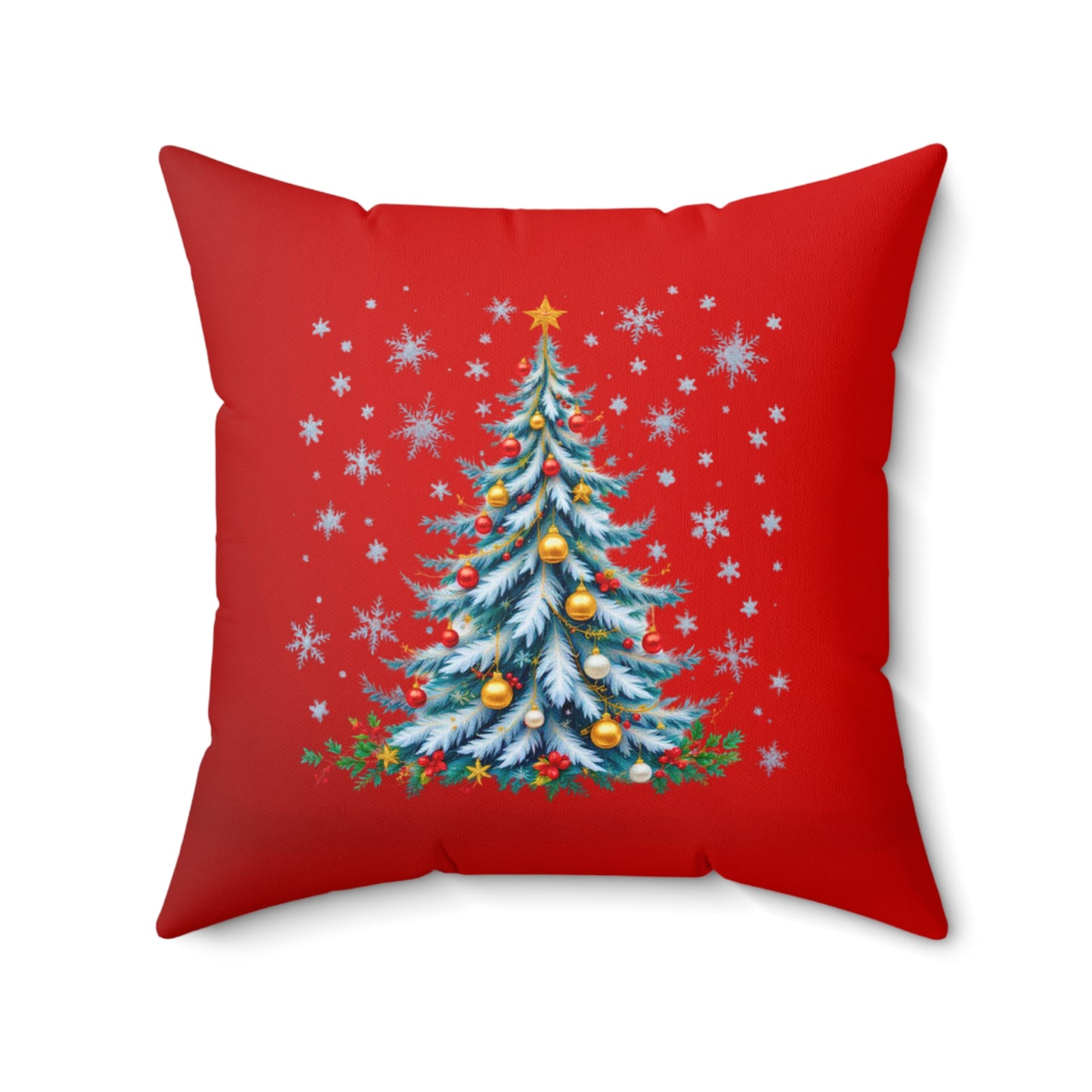 Elegant Christmas Tree Pillow – Snow-Kissed in Blue and Gold