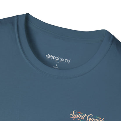 Close-up of a blue t-shirt with 'dabbdessins' logo and 'Spirit Guard' text.