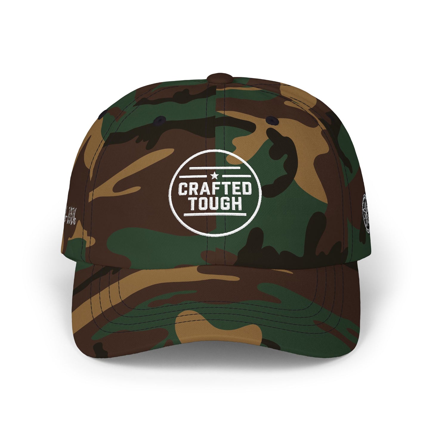 Camouflage cap with text 'I can't, I'm headed to the Lake' on a white background