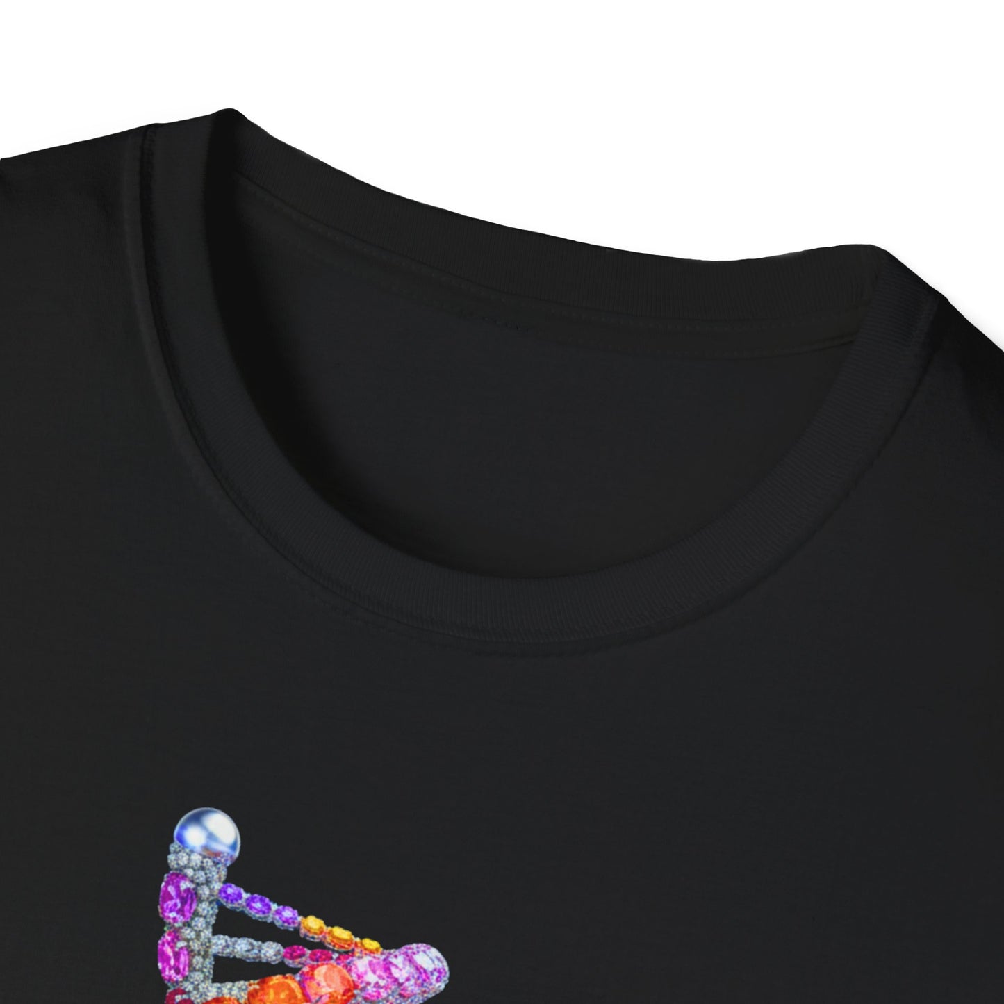 Black t-shirt with colorful graphic design on a white background