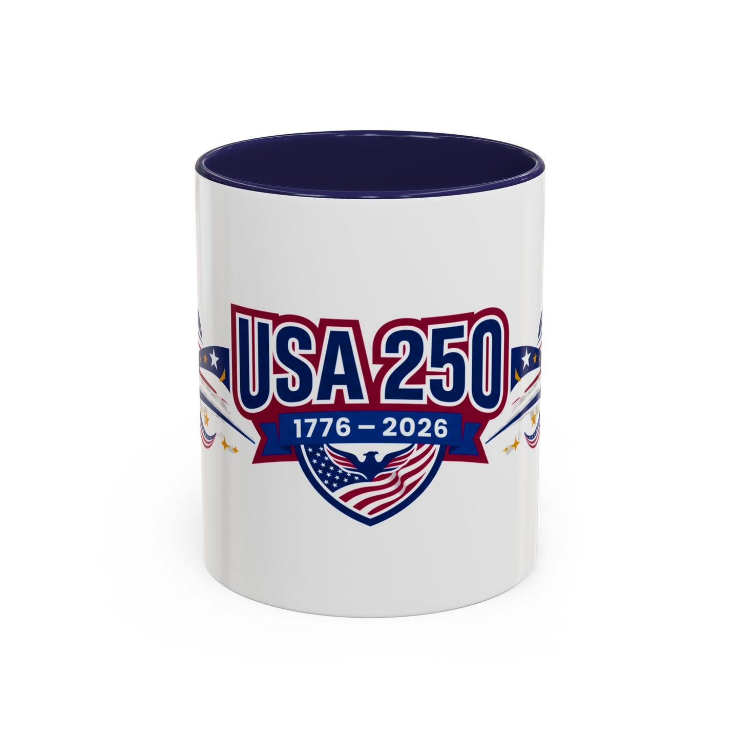 White mug with blue interior and USA 250 design on a white background