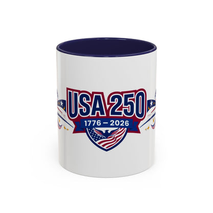 White mug with blue interior and USA 250 design on a white background